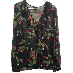 East 5th Women's Long Sleeve Black Rose Button Down Blouse Knit Top Size XL